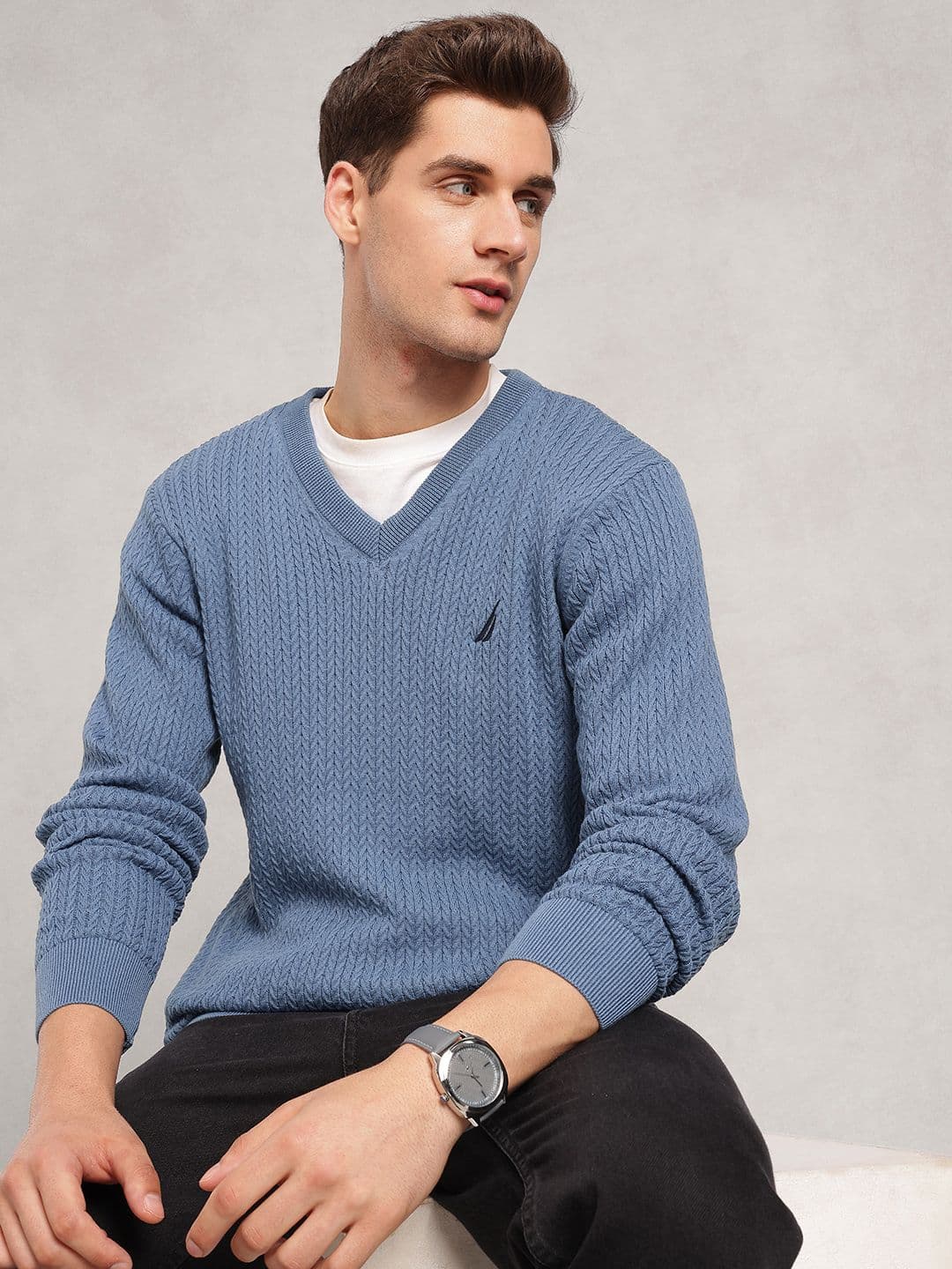 Nautica Cable Knit V-Neck Pure Cotton Sweaters - view 1