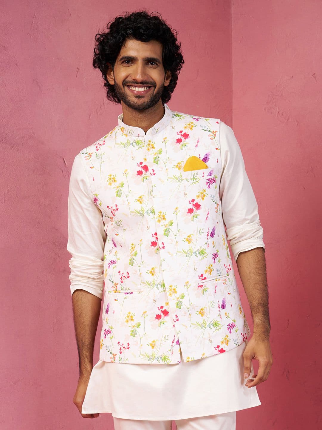 VASTRAMAY Men Cream Floral Printed Nehru Jacket - view 1