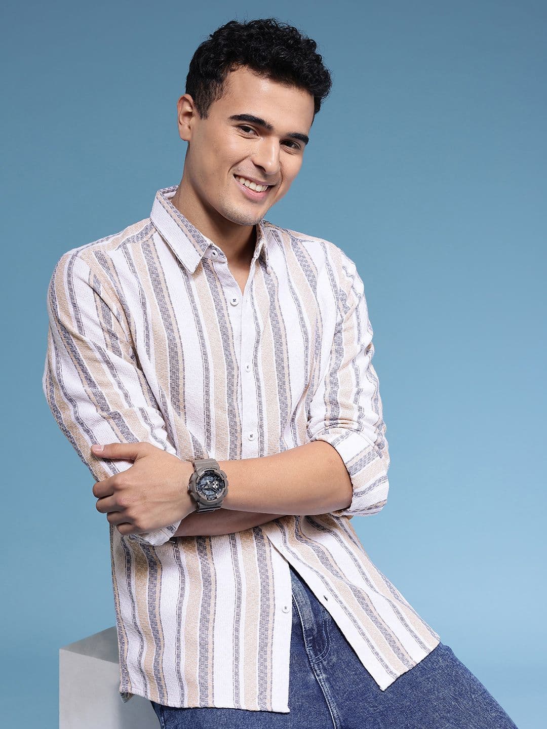 HERE&NOW Slim Fit Striped Pure Cotton Casual Shirt - view 1