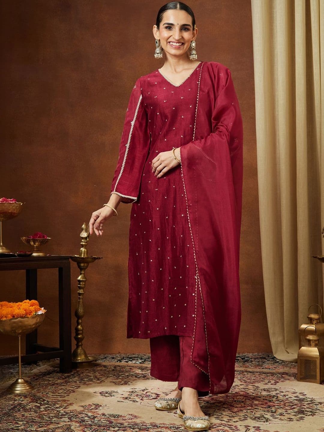Janasya Gotta Patti Embroidered Floral Straight Kurta Trouser Set With Dupatta - view 1