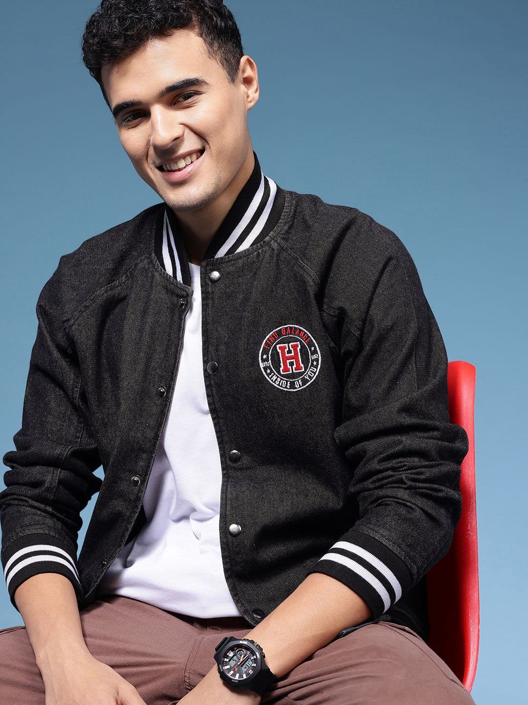 HERE&NOW Embroidered Pure Cotton Denim Bomber Jacket - view 1