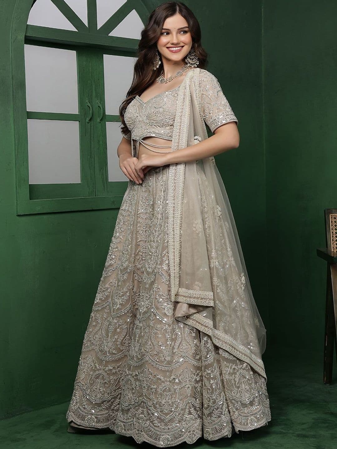MILU MADAN Women Embroidered Sequinned Semi-Stitched Net Lehenga & Blouse with Dupatta - view 1