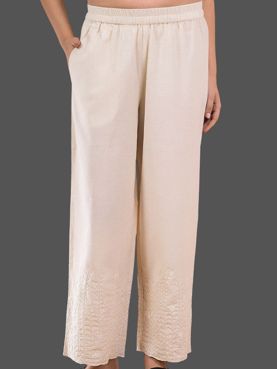 Saffron Threads Natural Flora Crest Women Wide Leg Embroidered Hem Palazzo - view 1