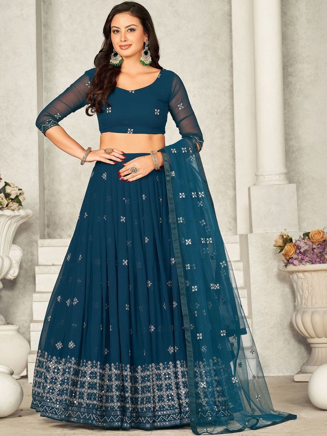 Warthy Ent Embroidered Sequinned Semi-Stitched Lehenga & Unstitched Blouse With Dupatta - view 1