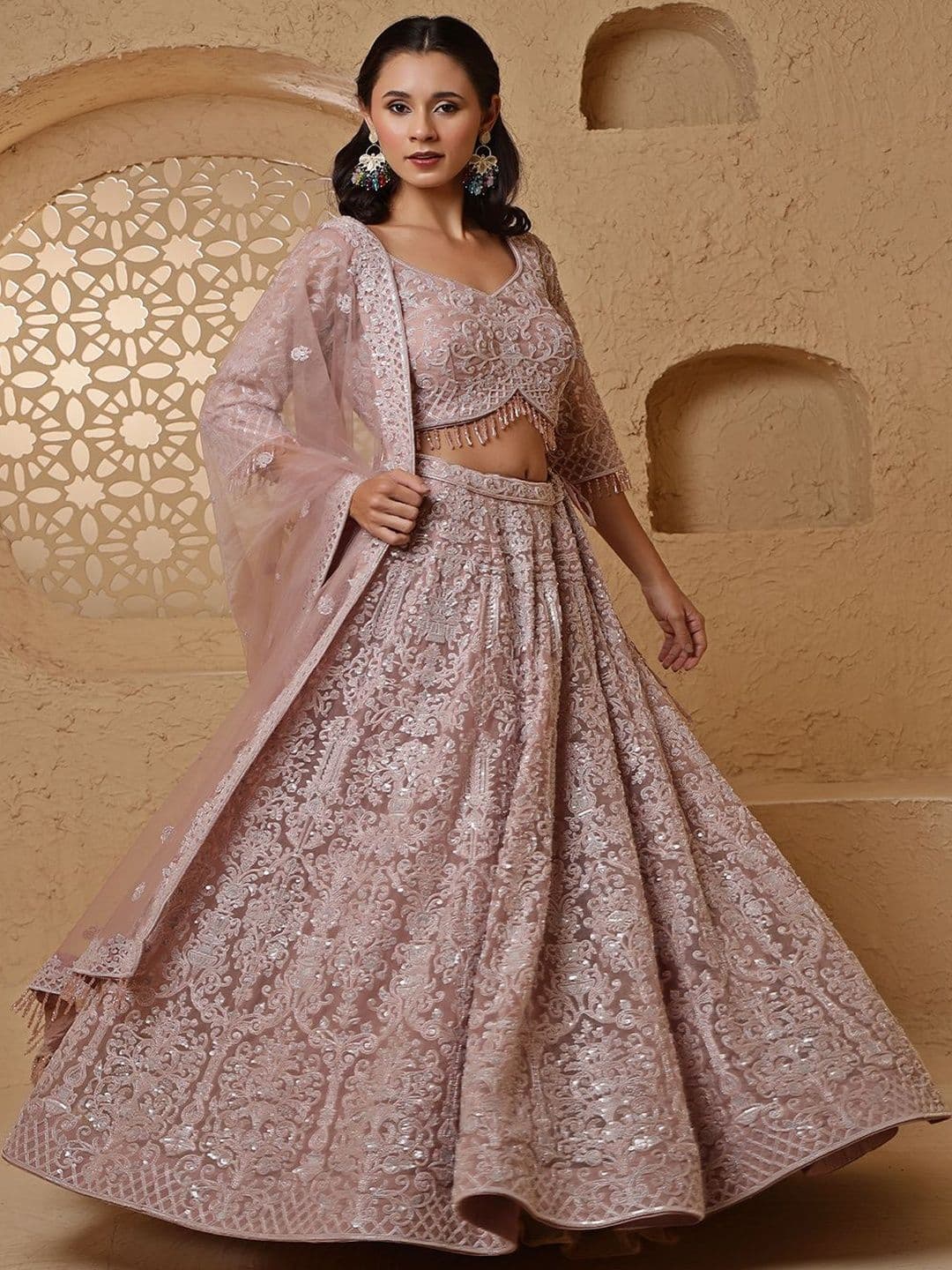 MILU MADAN Women Embroidered V-Neck Sequinned Semi-Stitched Lehenga & Blouse With Dupatta - view 1