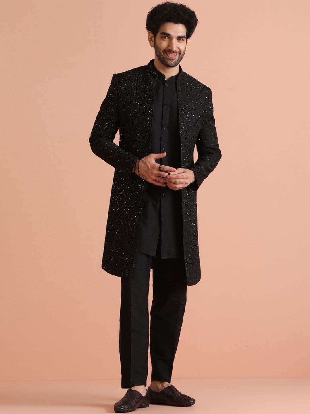 KISAH Men Black Embellished Mid Kurta Indowestern Sherwani Trouser Set - view 1
