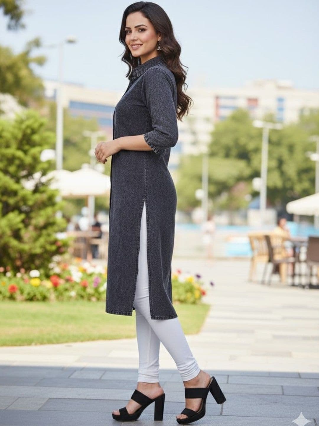 SK Creation Women Solid Shirt Collar Denim Straight Kurta - view 1