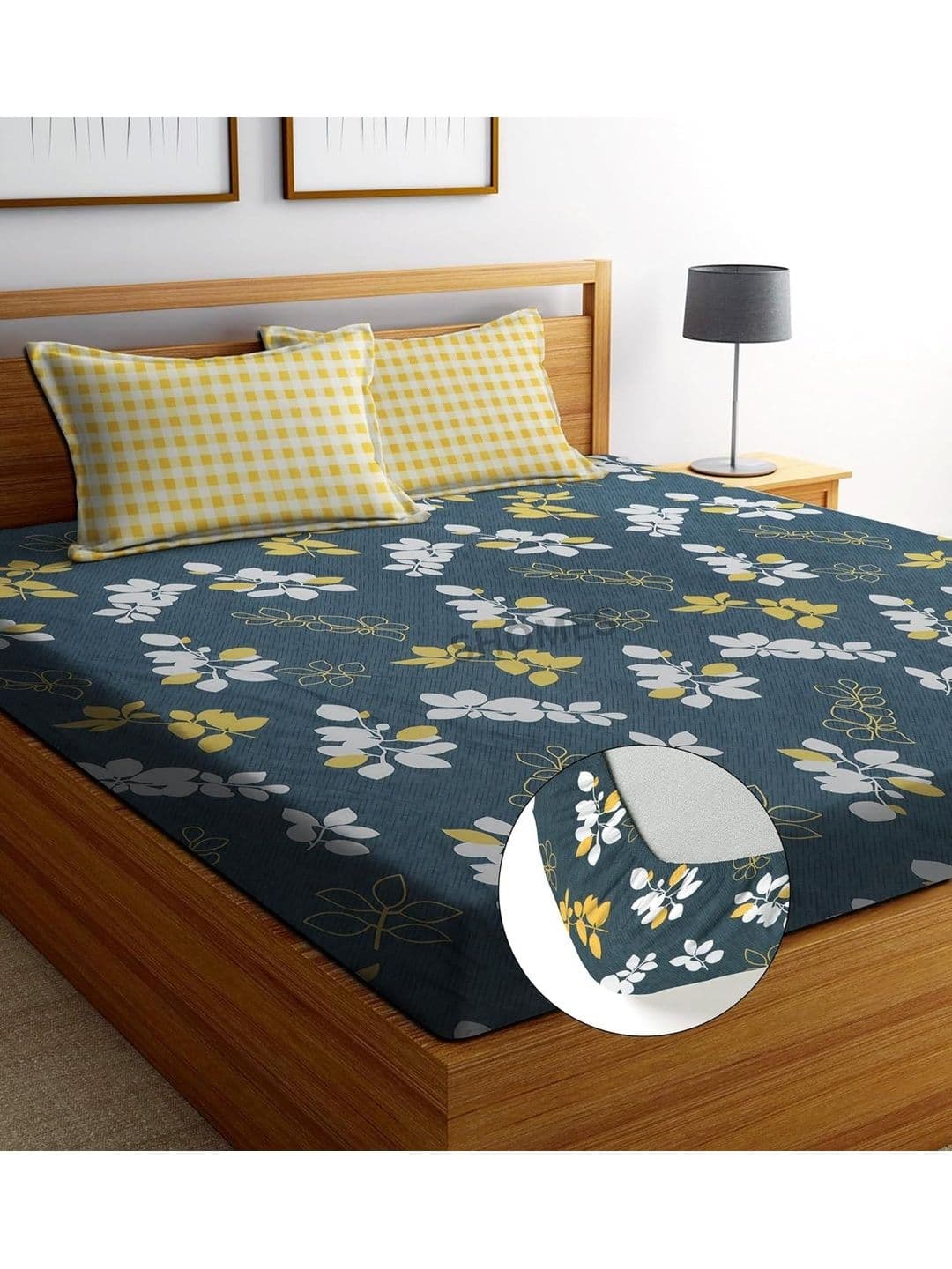 SHOMES Navy Blue & Grey Floral 220 TC King Bedsheet with 2 Pillow Covers - view 1