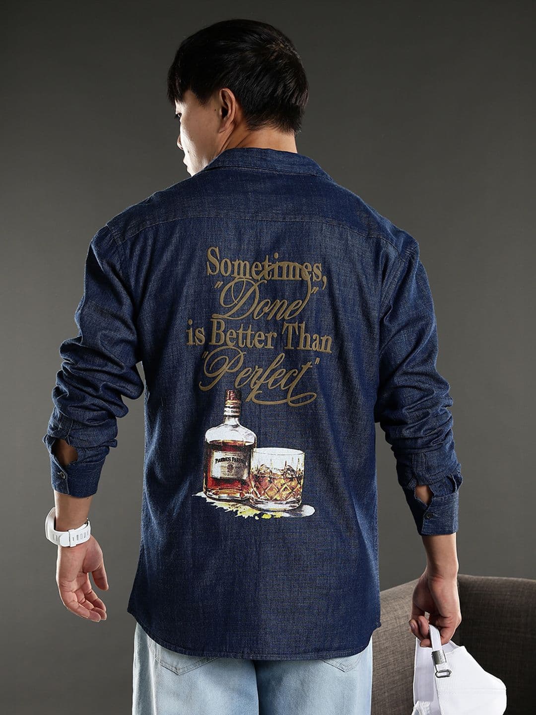 Eszett Typography Printed Spread Collar Denim Casual Shirt - view 1