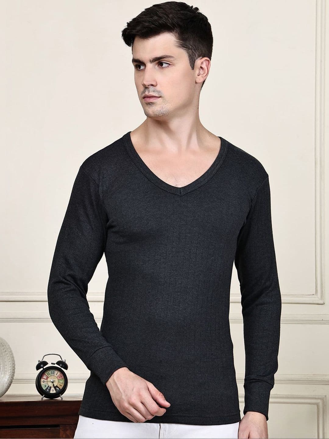 GRACIT Men V-Neck Long Sleeves Ribbed Thermal Tops - view 1