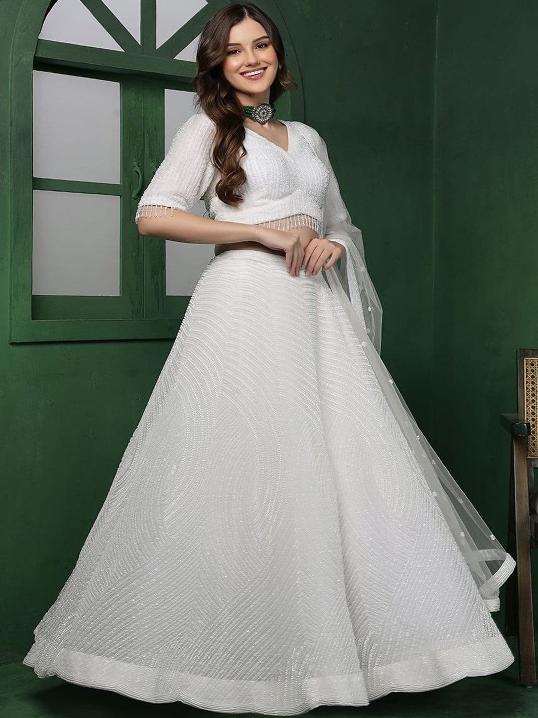 MILU MADAN Women Embellished Beads and Stones Semi-Stitched Lehenga & Blouse With Dupatta - view 1