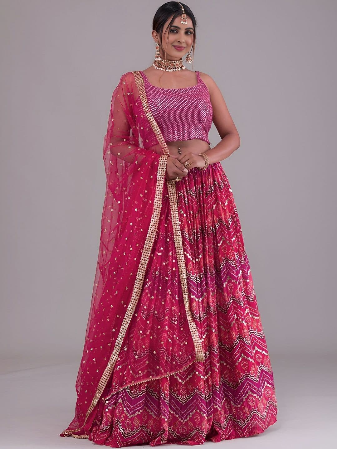 ETHNIC PLUS Women Pink Embroidered Semi-Stitched Georgette Lehenga & Unstitched Blouse With Dupatta - view 1