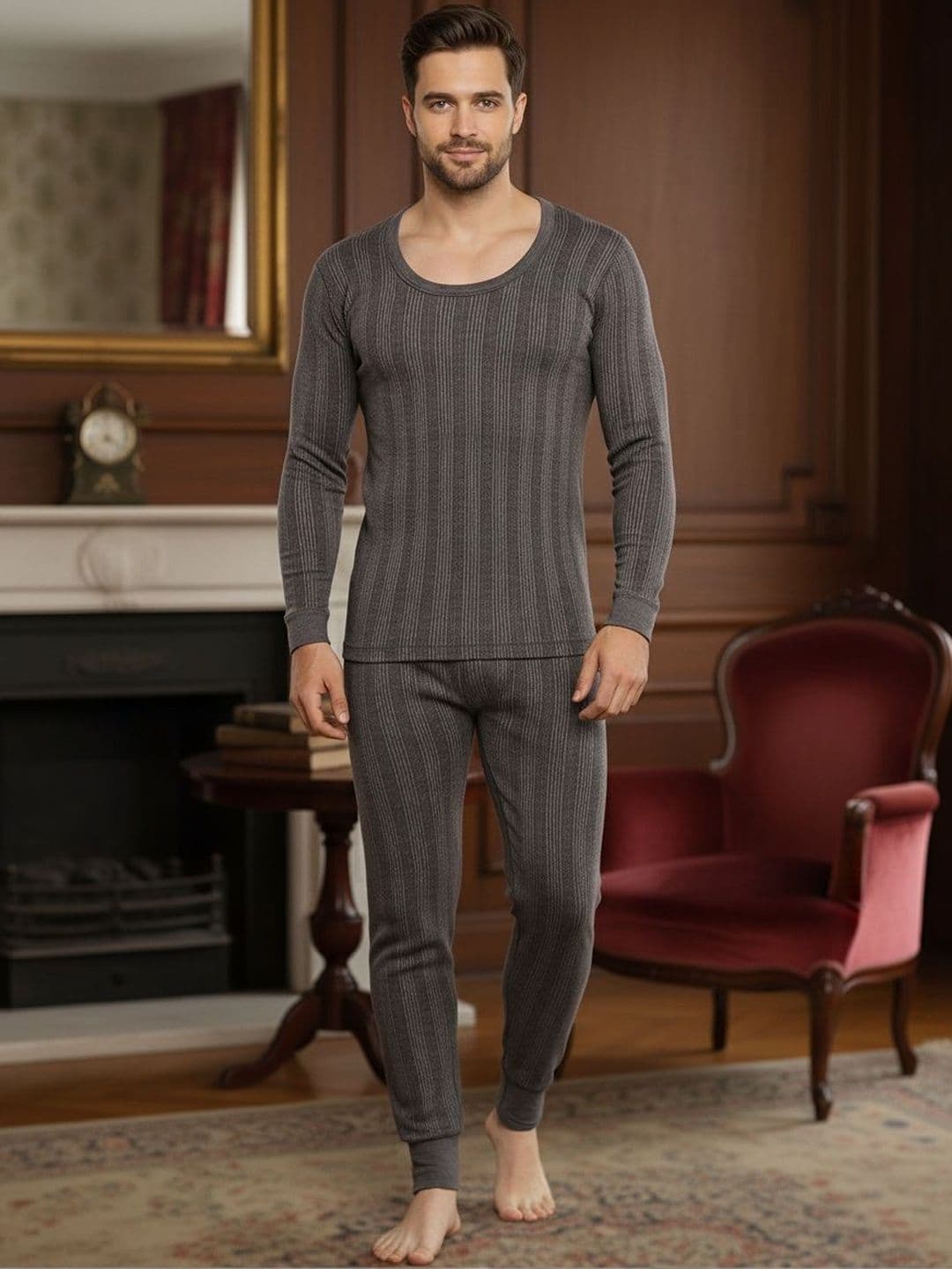 MACK JONNEY Men Round Neck Striped Breathable & Quick-Drying Thermal Set - view 1