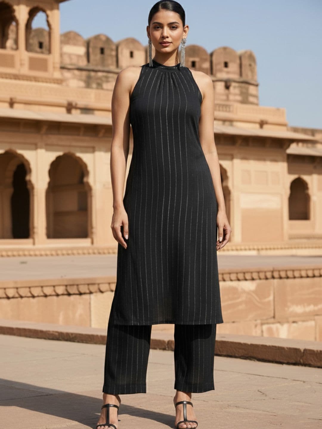 AADVIKA Women Striped Regular Silk Crepe Kurta with Trousers - view 1