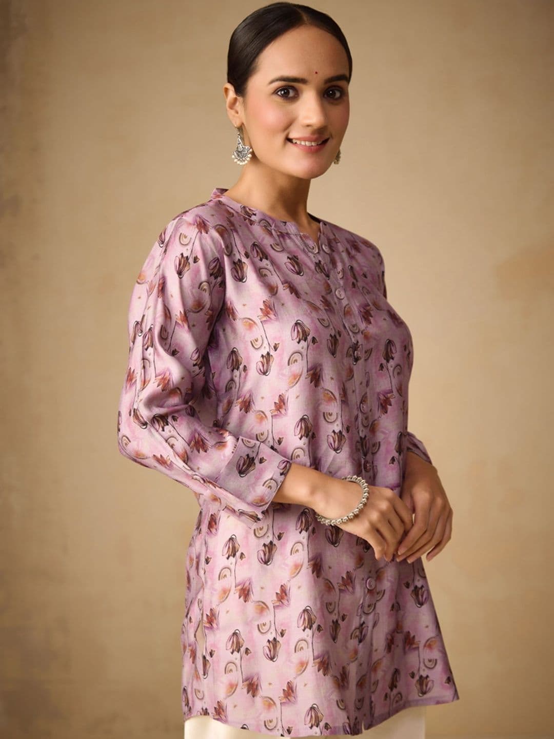 WOMEN PLUS Women Floral Printed Mandarin Collar Tunic - view 1