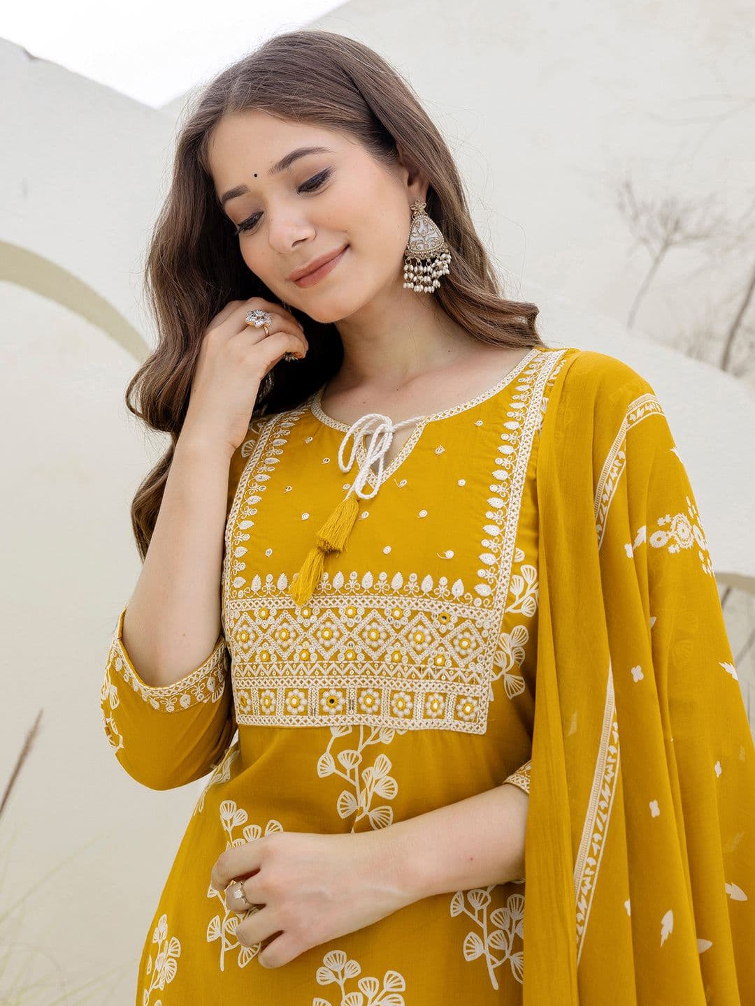 SKYLEE Floral Printed Tie-Up Neck Mirror Work Straight Kurta With Trouser & Dupatta - view 1