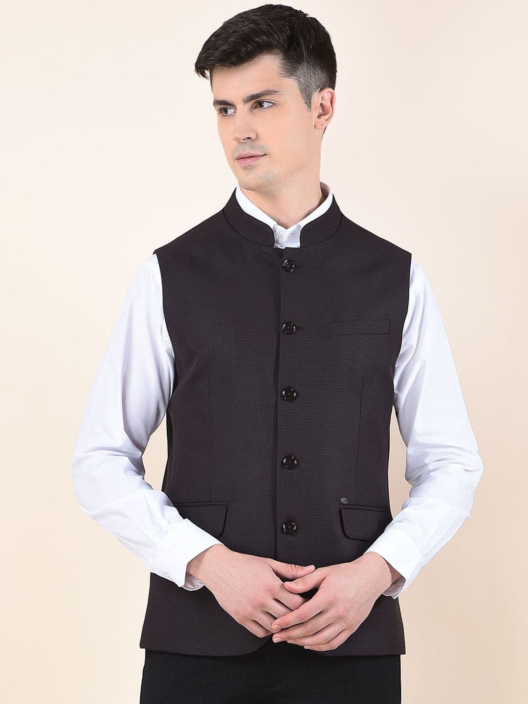 Cantabil Woven Design Mandarin Collar Waistcoat - view 1