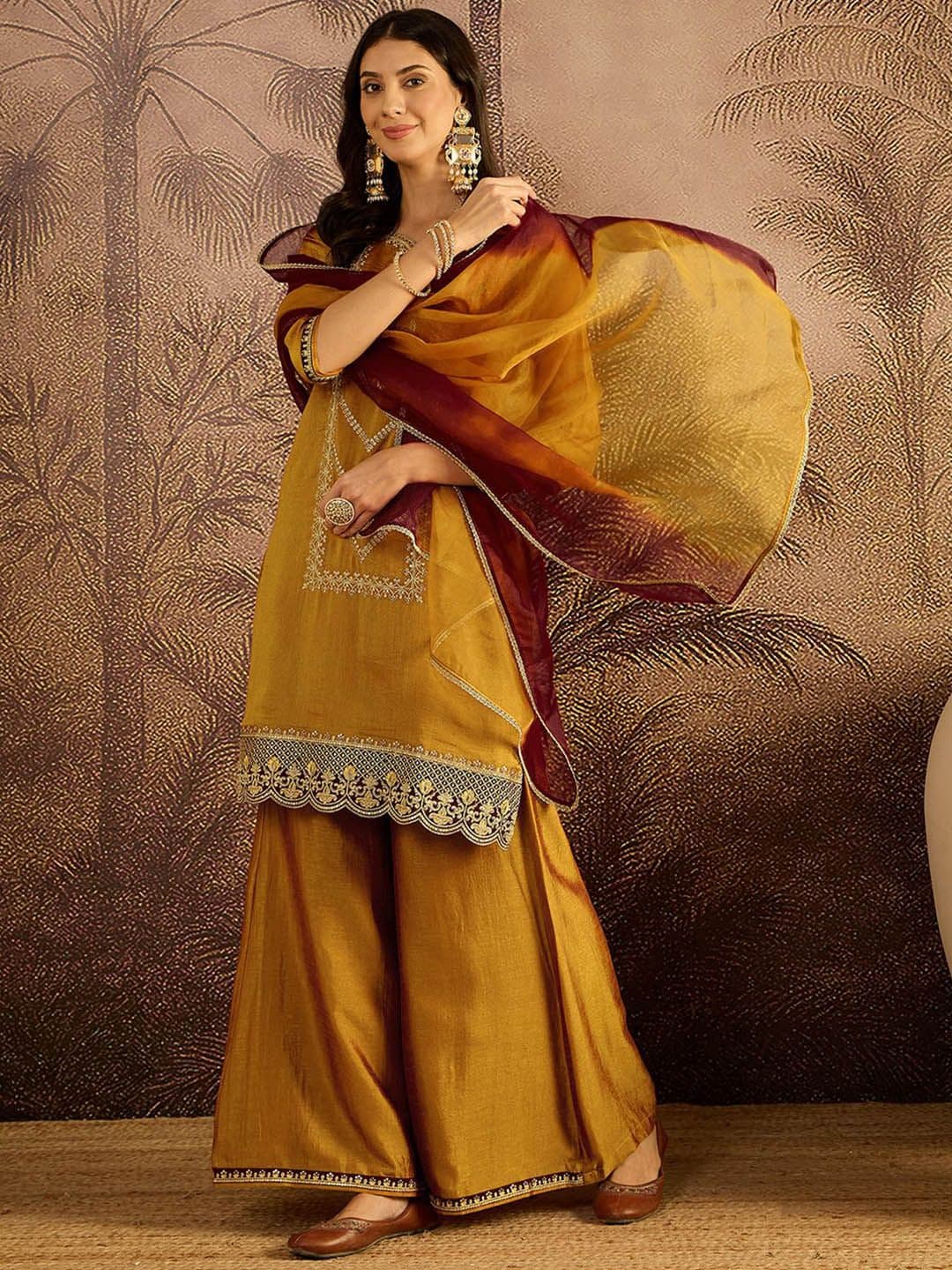 Sangria Embroidered Zari Sequence Thread Work Straight Kurta With Palazzos & Dupatta - view 1