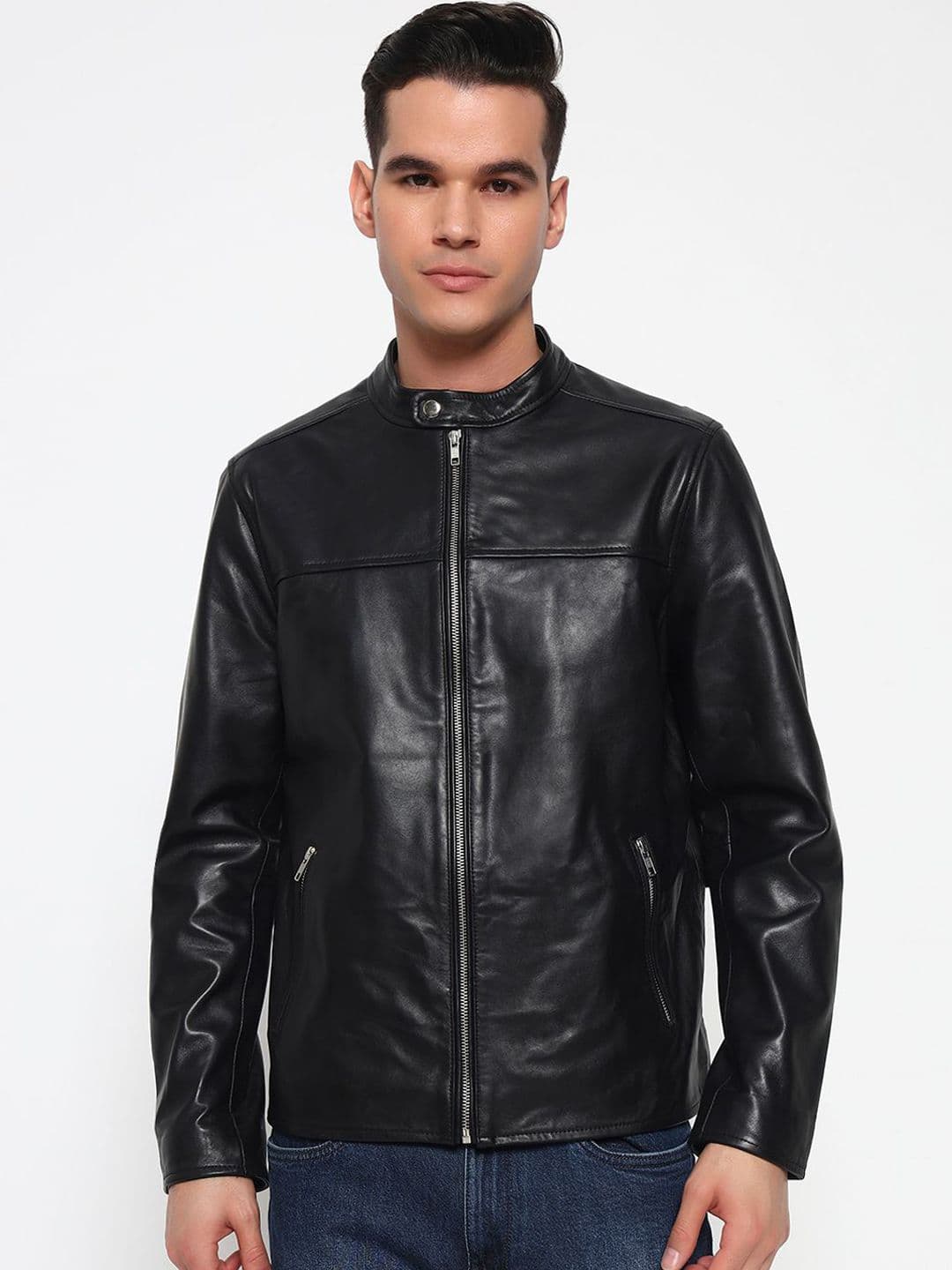 MaheTri Men Stand Collar Solid Lightweight Biker Jacket - view 1
