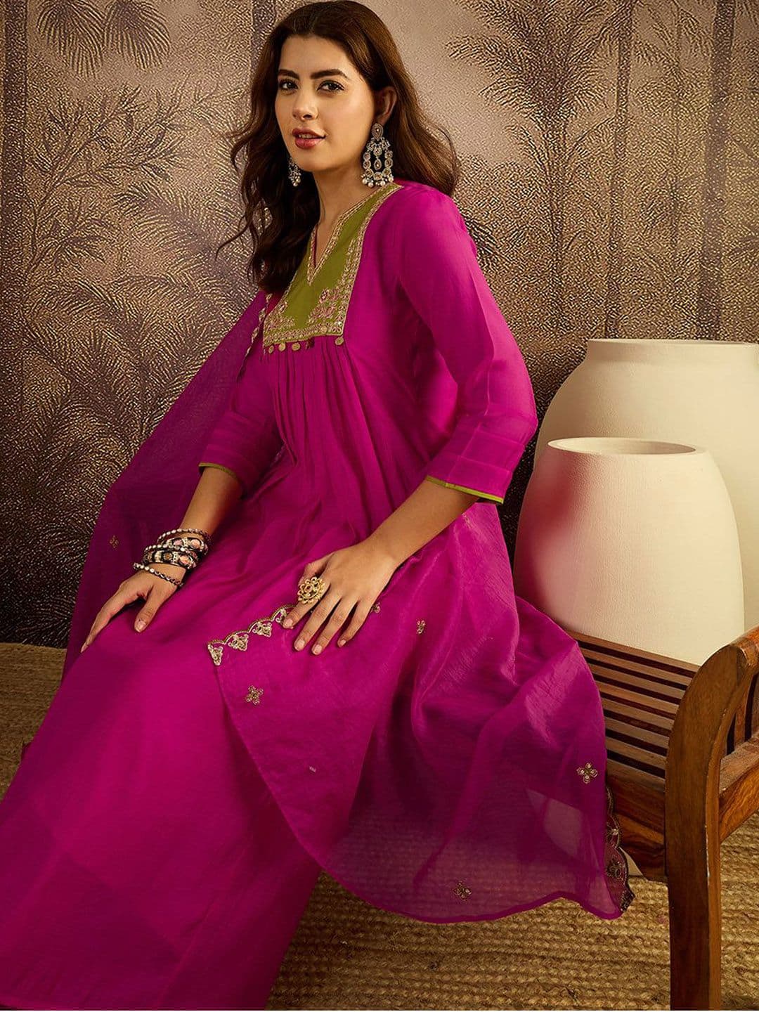 Sangria Zari Sequence Embroidered With Ginni Mal Chanderi Kurta Trousers With Dupatta - view 1
