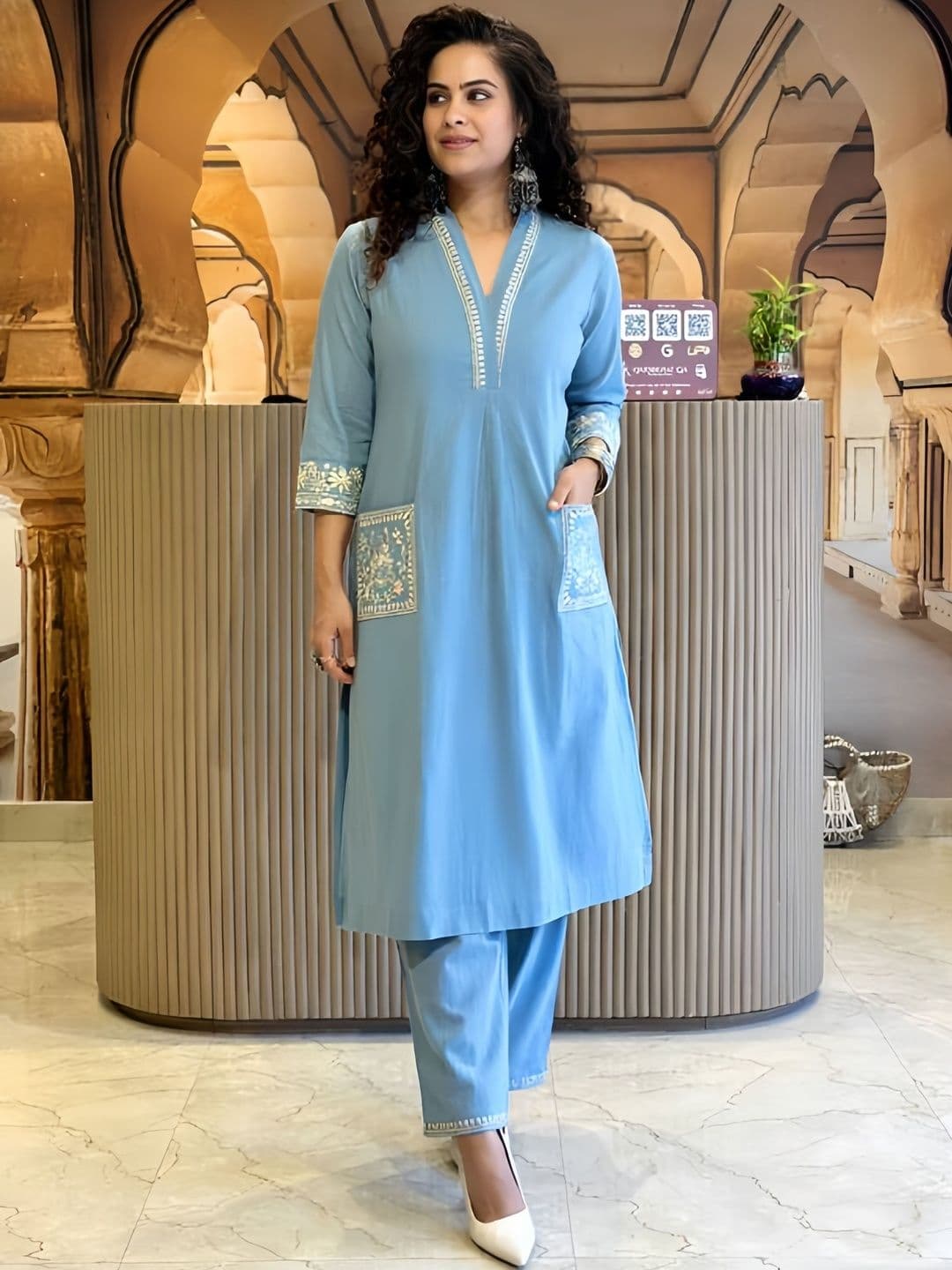 JAIPURI COLLECTION Women Ethnic Motifs Embroidered Cotton Kurta with Trousers - view 1