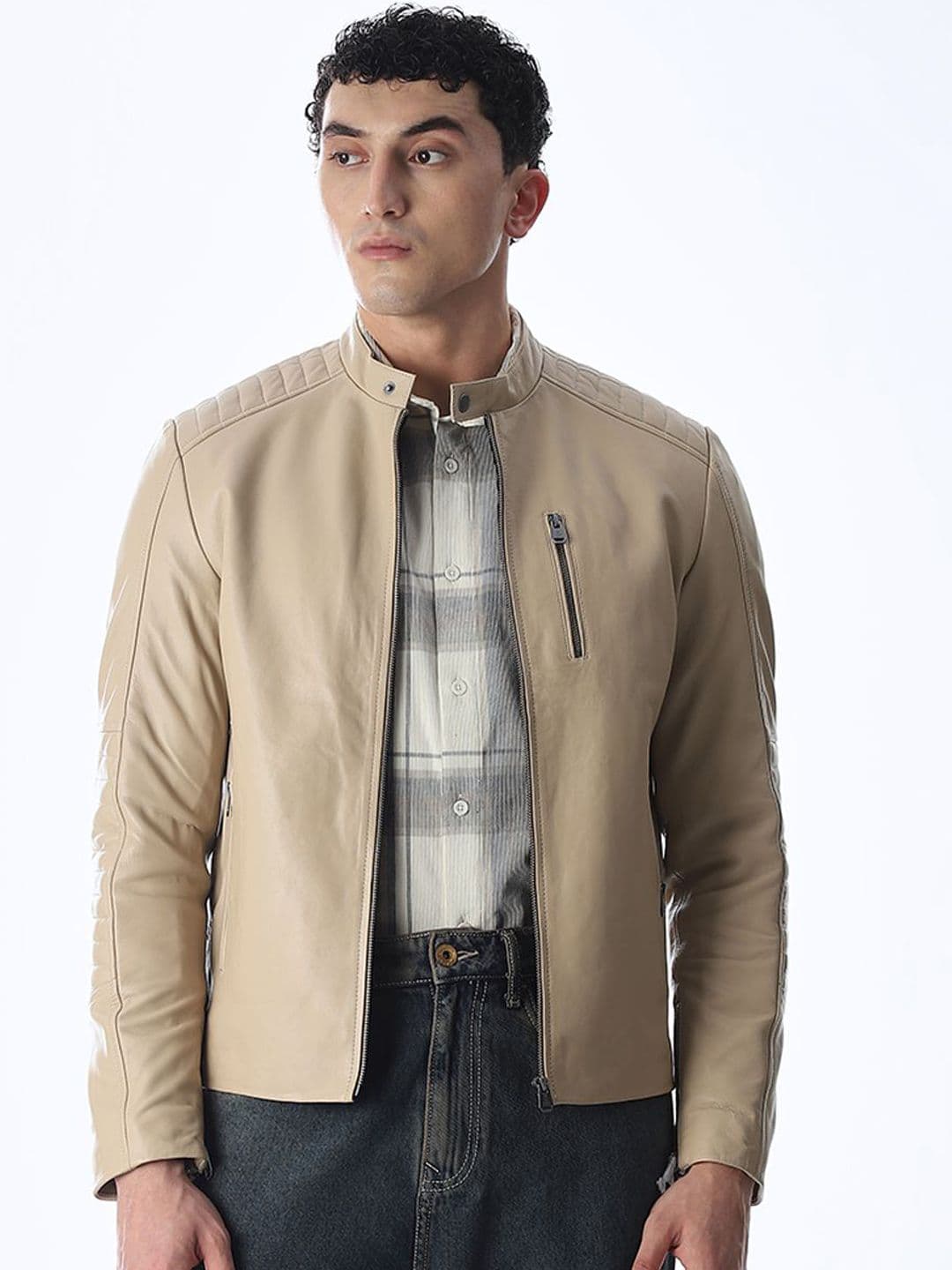 Jack & Jones Band Collar Long Sleeves Zip Detail Leather Open Front Jacket - view 1