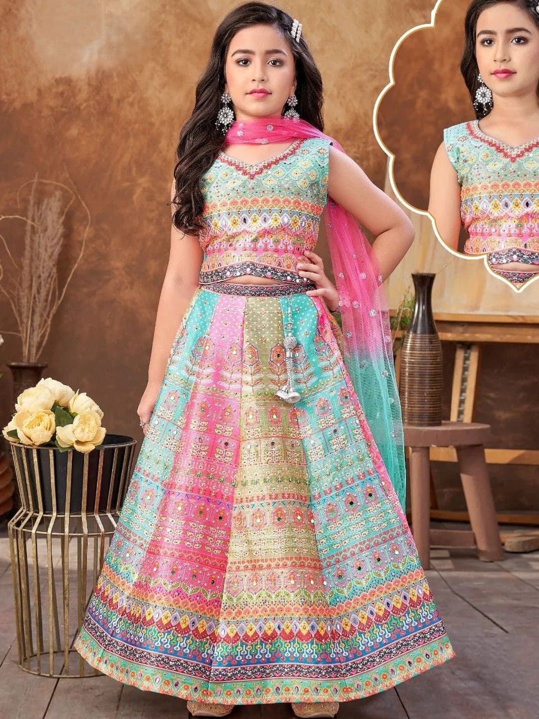 Sangria Girls Printed Mirror Work Ready to Wear Lehenga & Blouse With Dupatta - view 1
