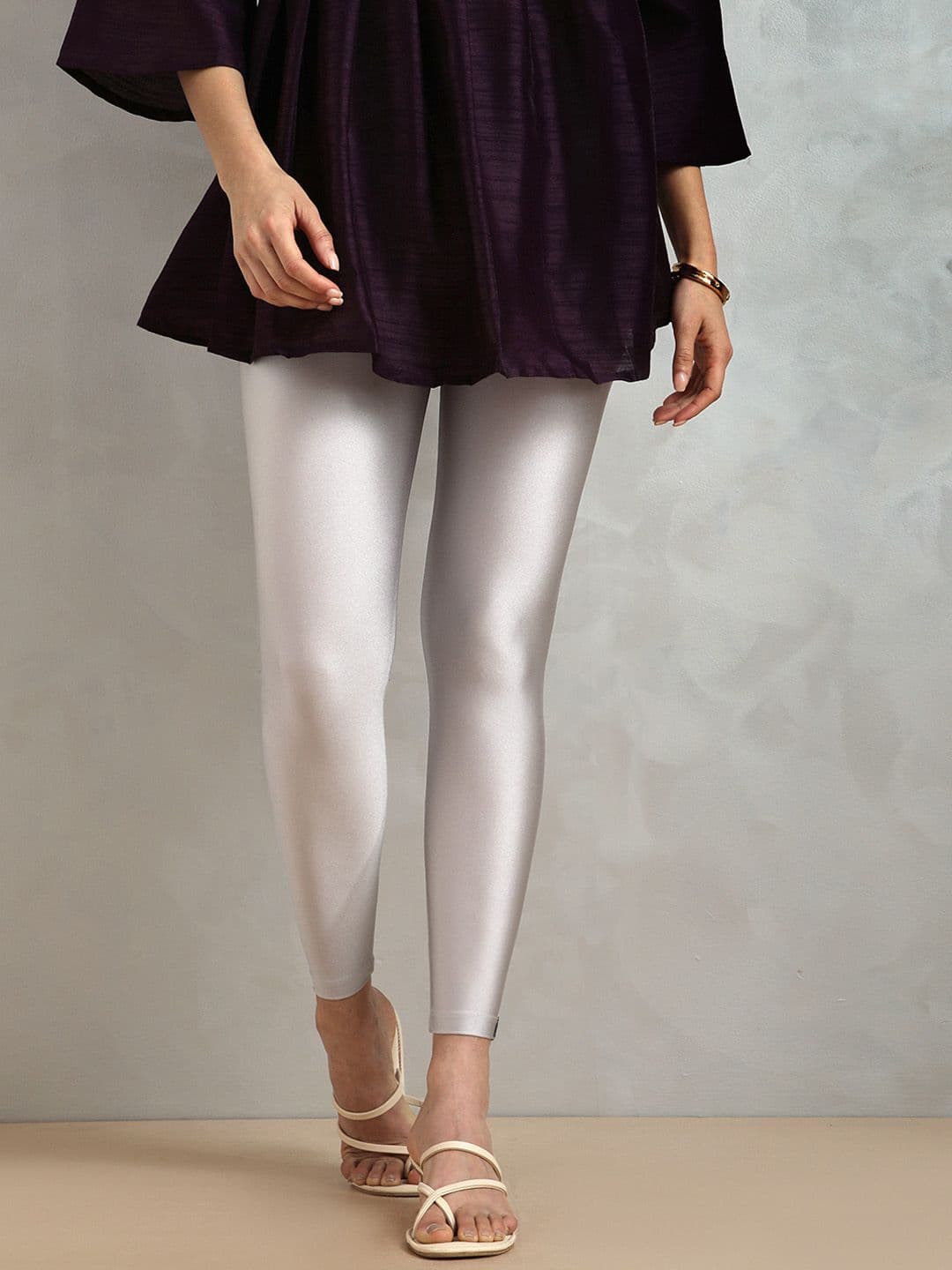 TWIN BIRDS Women Nylon Solid Silver Shimmer Leggings - view 1