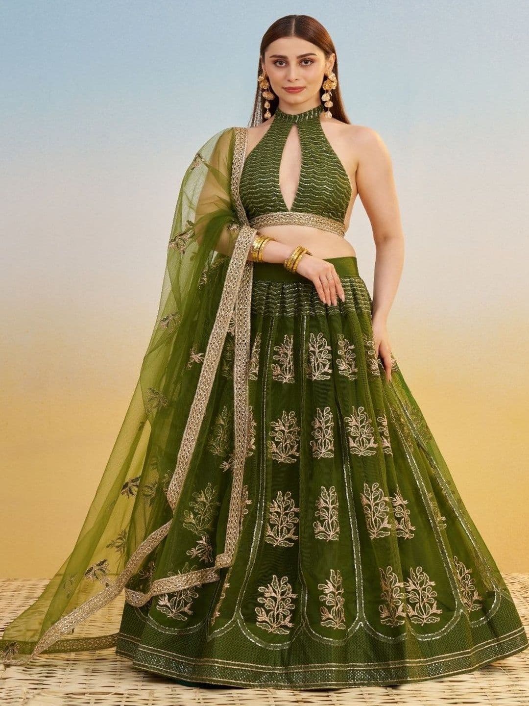 EthniQlo Green Embroidered Party Wear Lehenga Choli - view 1