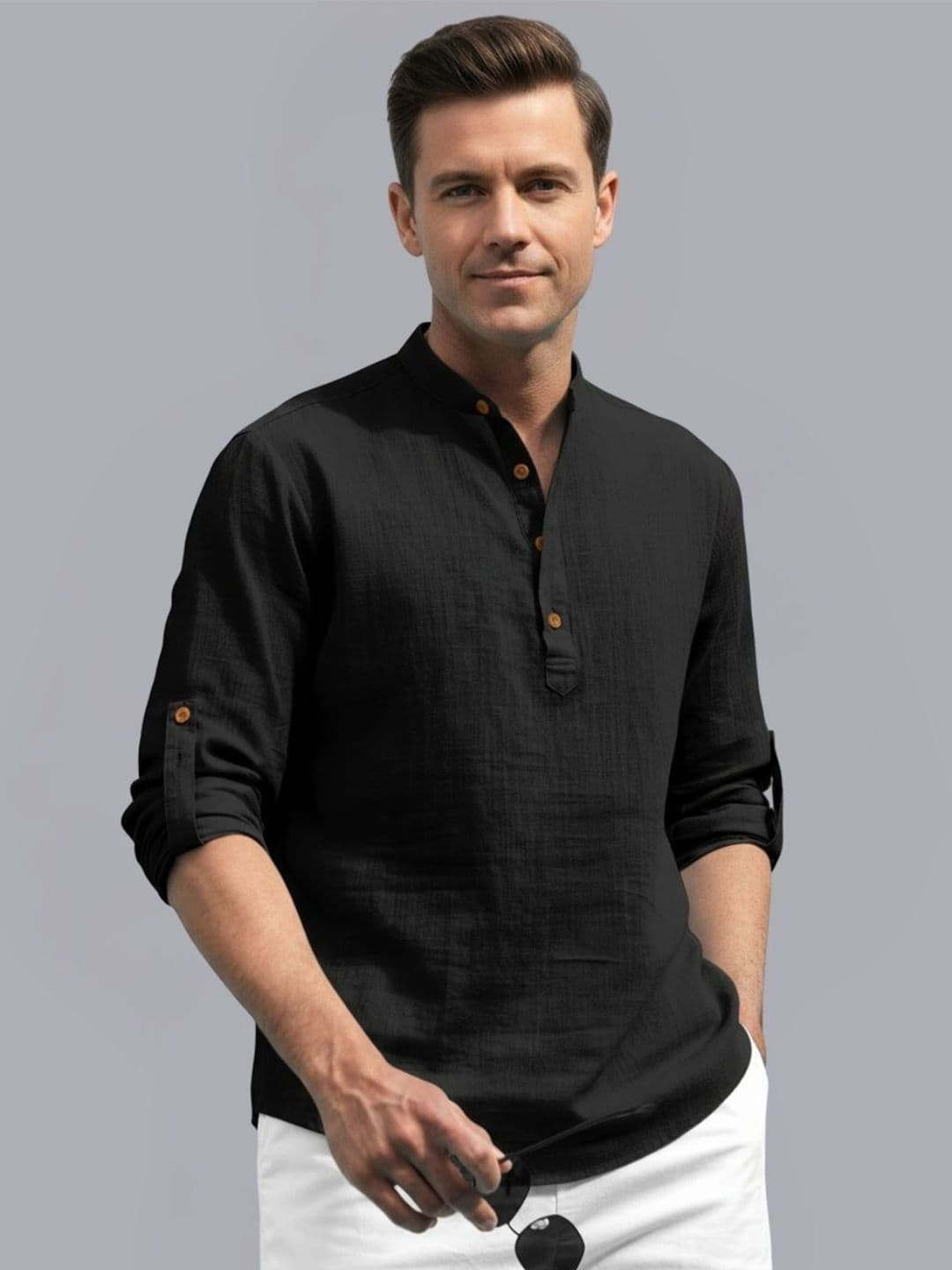 Zee Gold Men Mandarin Collar Roll-Up Sleeves Cotton Straight Kurta - view 1