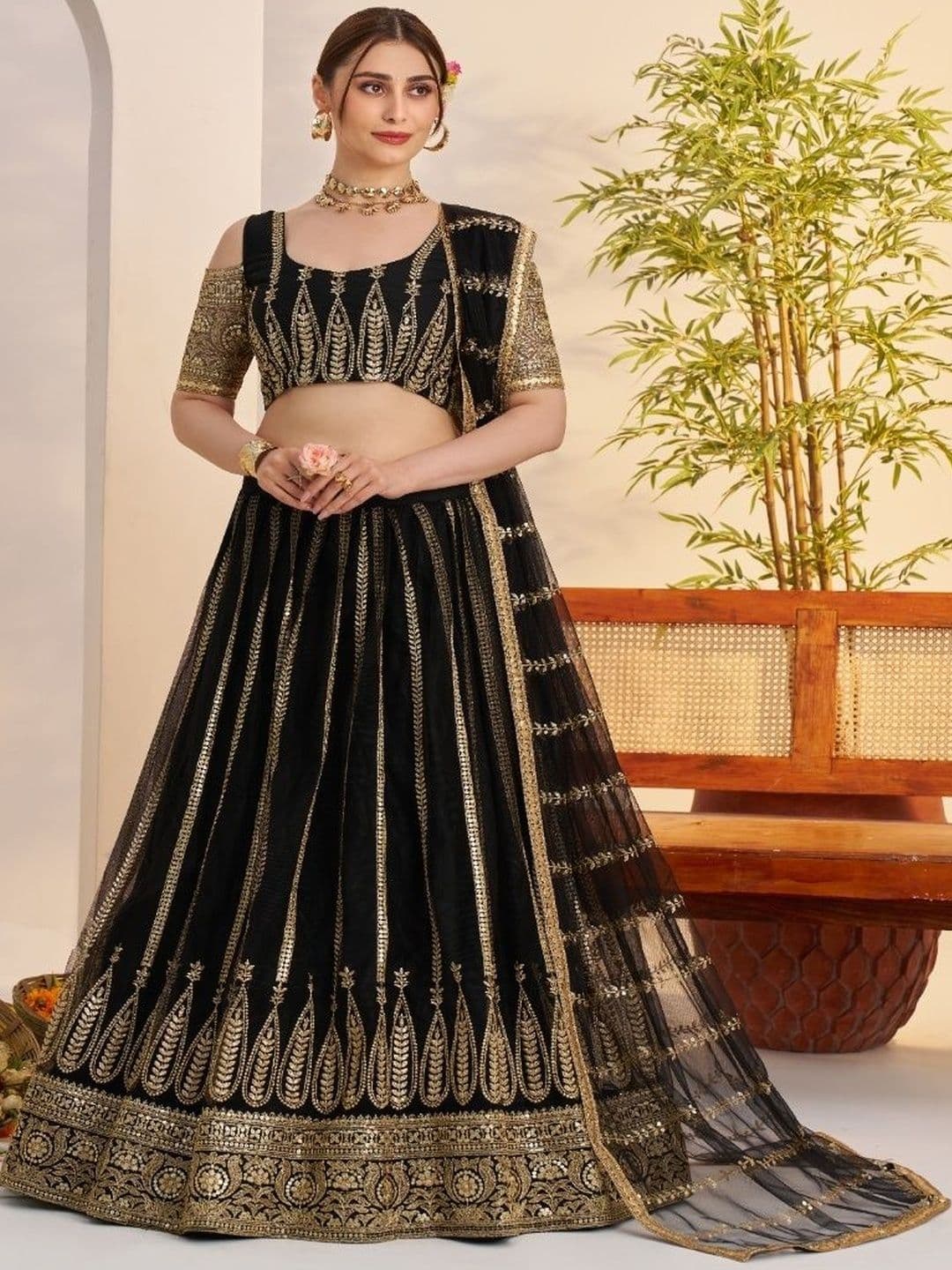 EthniQlo Black Sequin & Zari Party Wear Lehenga Choli - view 1