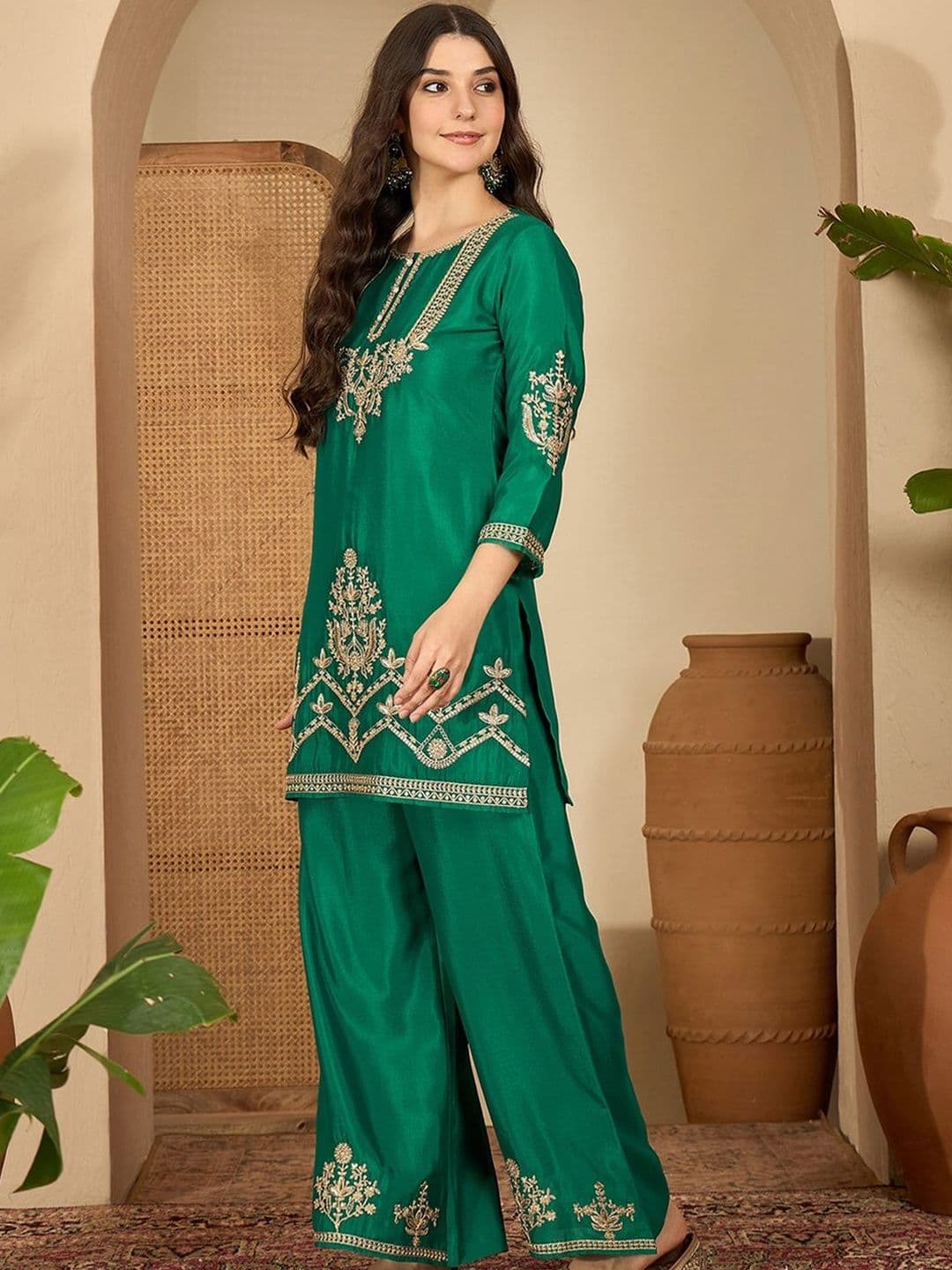 Sangria Floral Embroidered Thread Work Straight Kurta & Palazzos - view 1