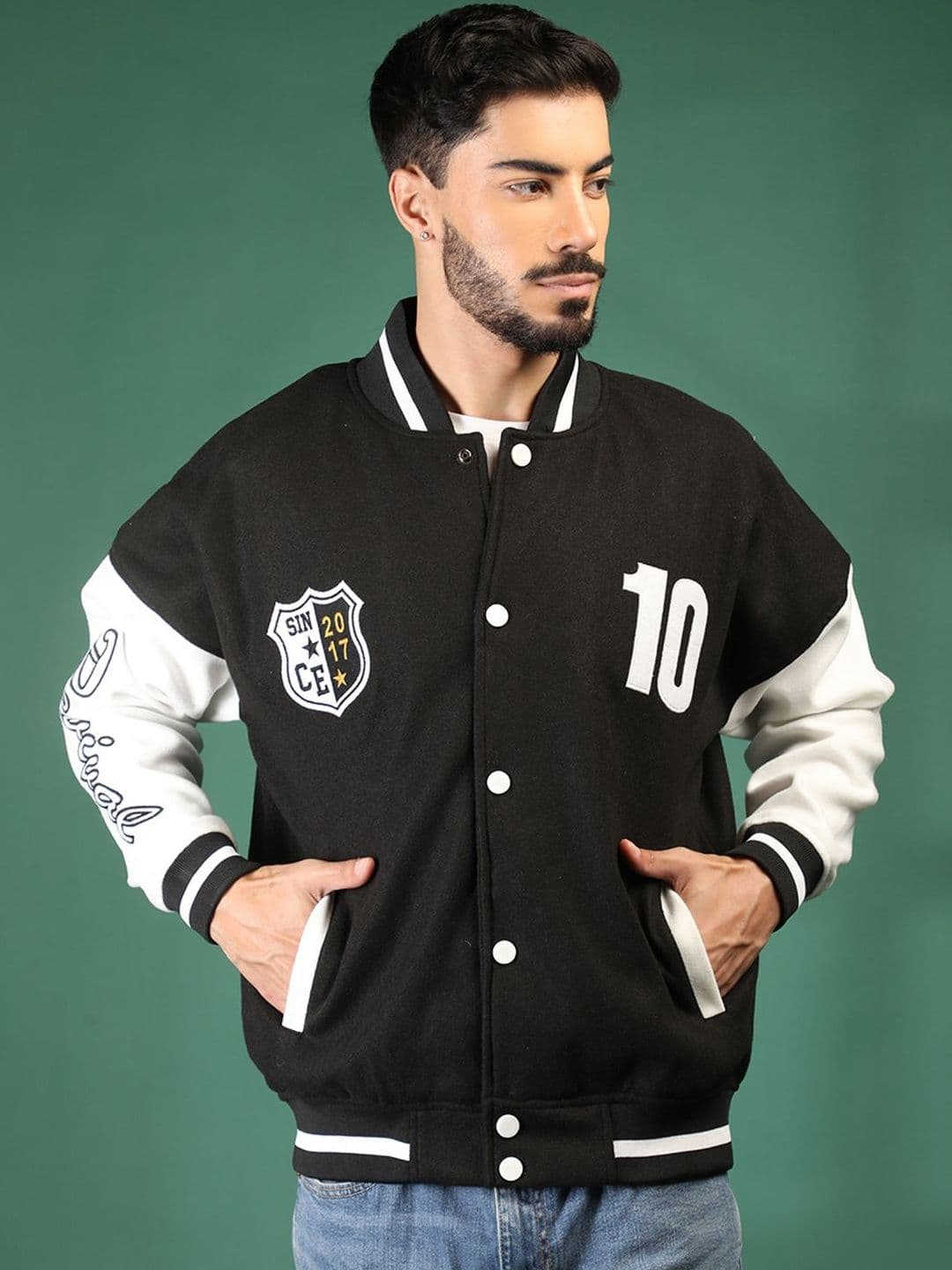 Roadster Men Colourblocked Woollen Lightweight Outdoor Varsity Jacket - view 1