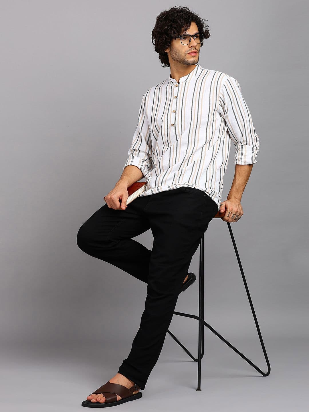 HERE&NOW Striped Mandarin Collar Pure Cotton Straight Kurta - view 1