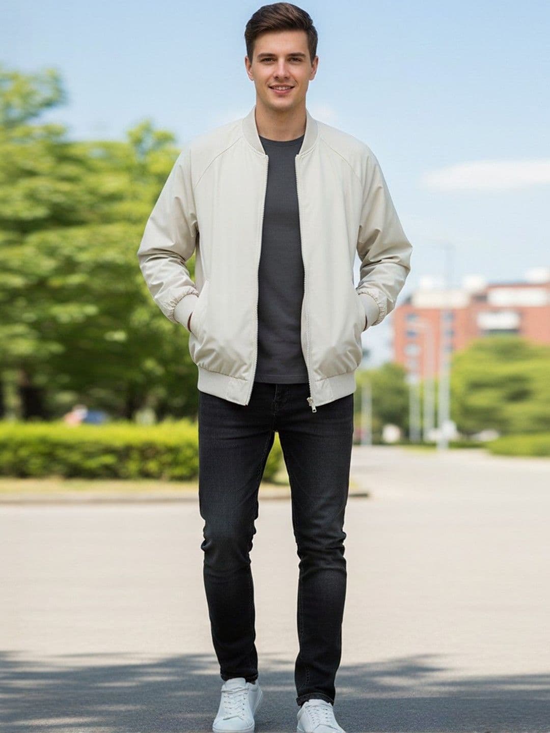 HERE&NOW Men Stand Collar Solid Bomber Jacket - view 1