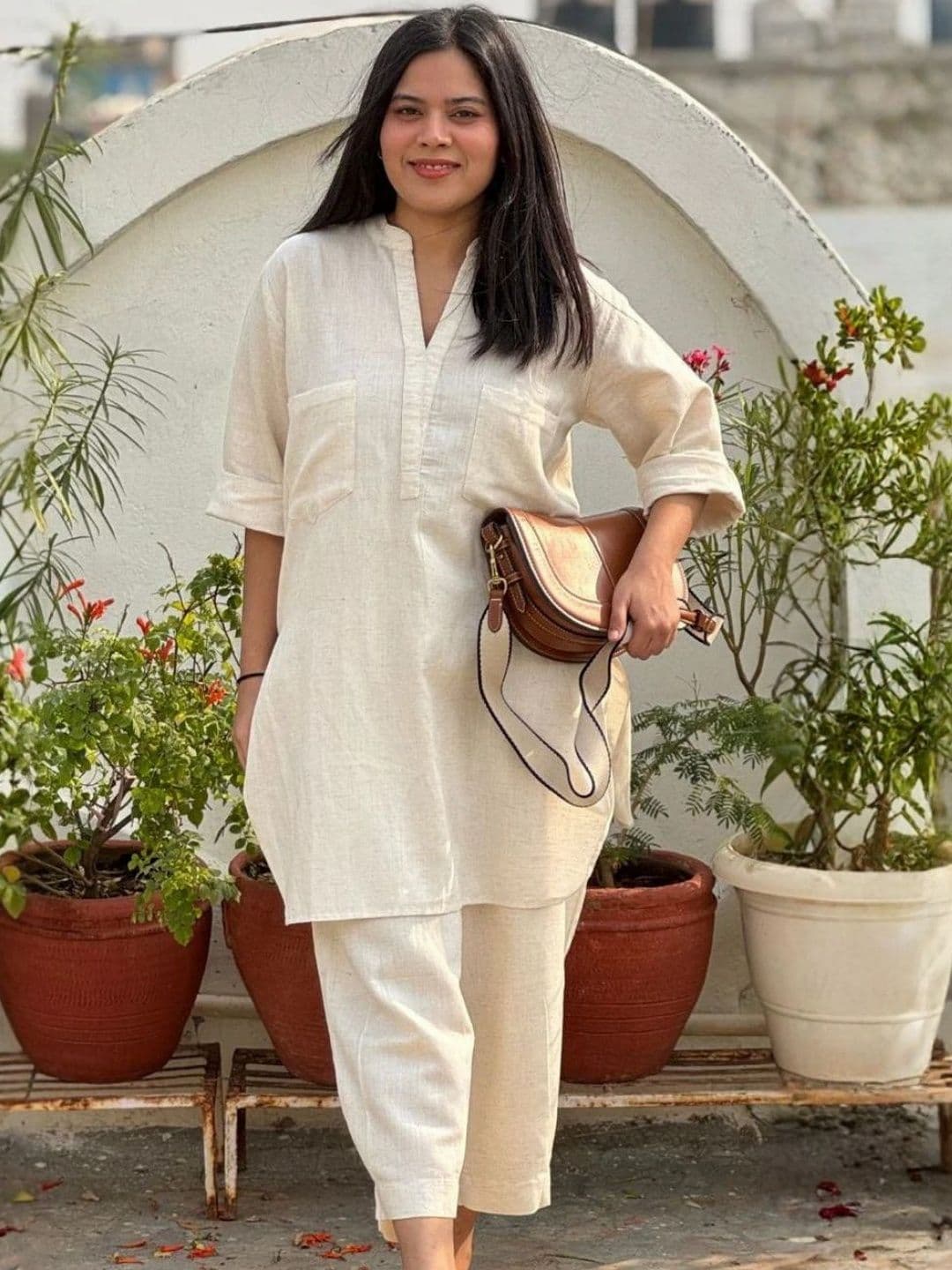 KALINI Mandarin Collar Pure Cotton Straight Kurta With Trousers - view 1
