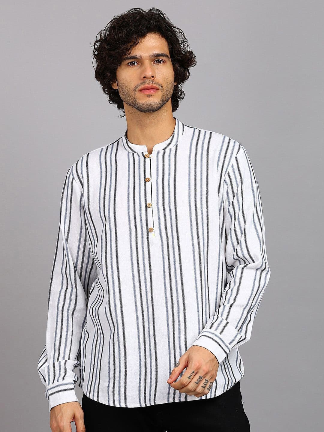 HERE&NOW Striped Mandarin Collar Pure Cotton Straight Kurta - view 1