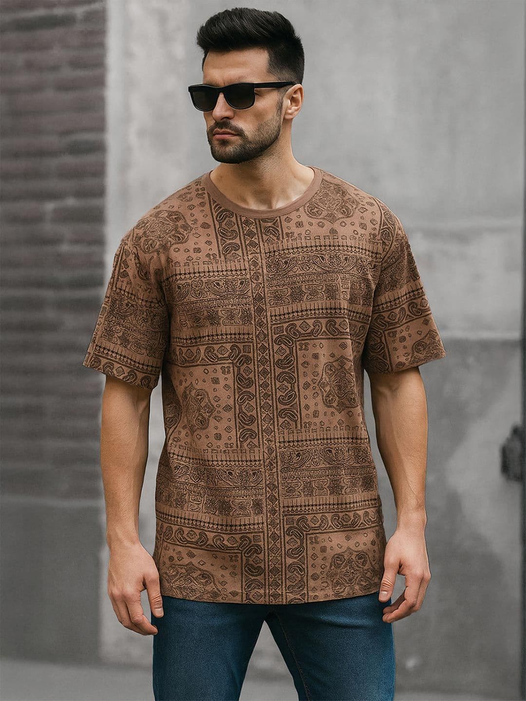 VEIRDO Men Beige All Over Paisly Printed Pure Cotton Oversized T-shirt - view 1