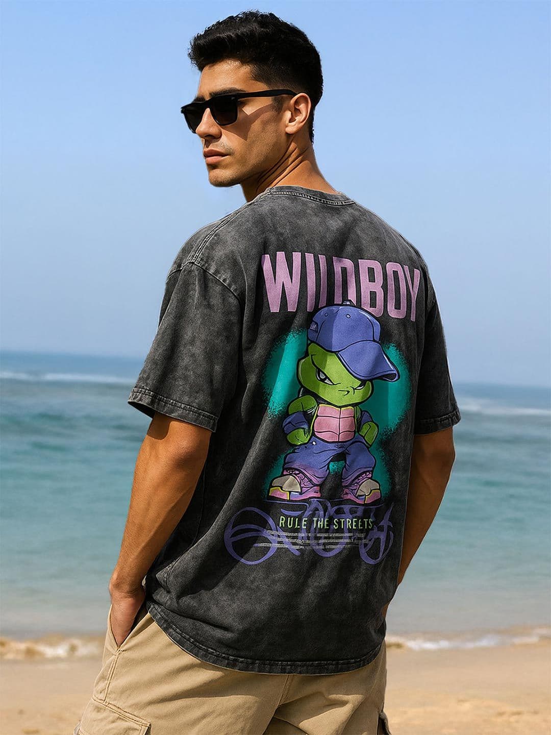 VEIRDO Men Acid Wash Drop-Shoulder Sleeves Pure Cotton Embroidery T-shirt - view 1