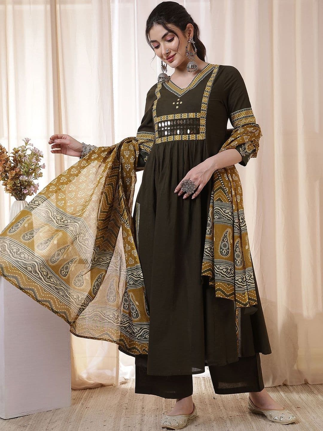 KIMAYRA Ethnic Motifs Printed V-Neck Mirror Work A-Line Kurta With Palazzos & Dupatta - view 1