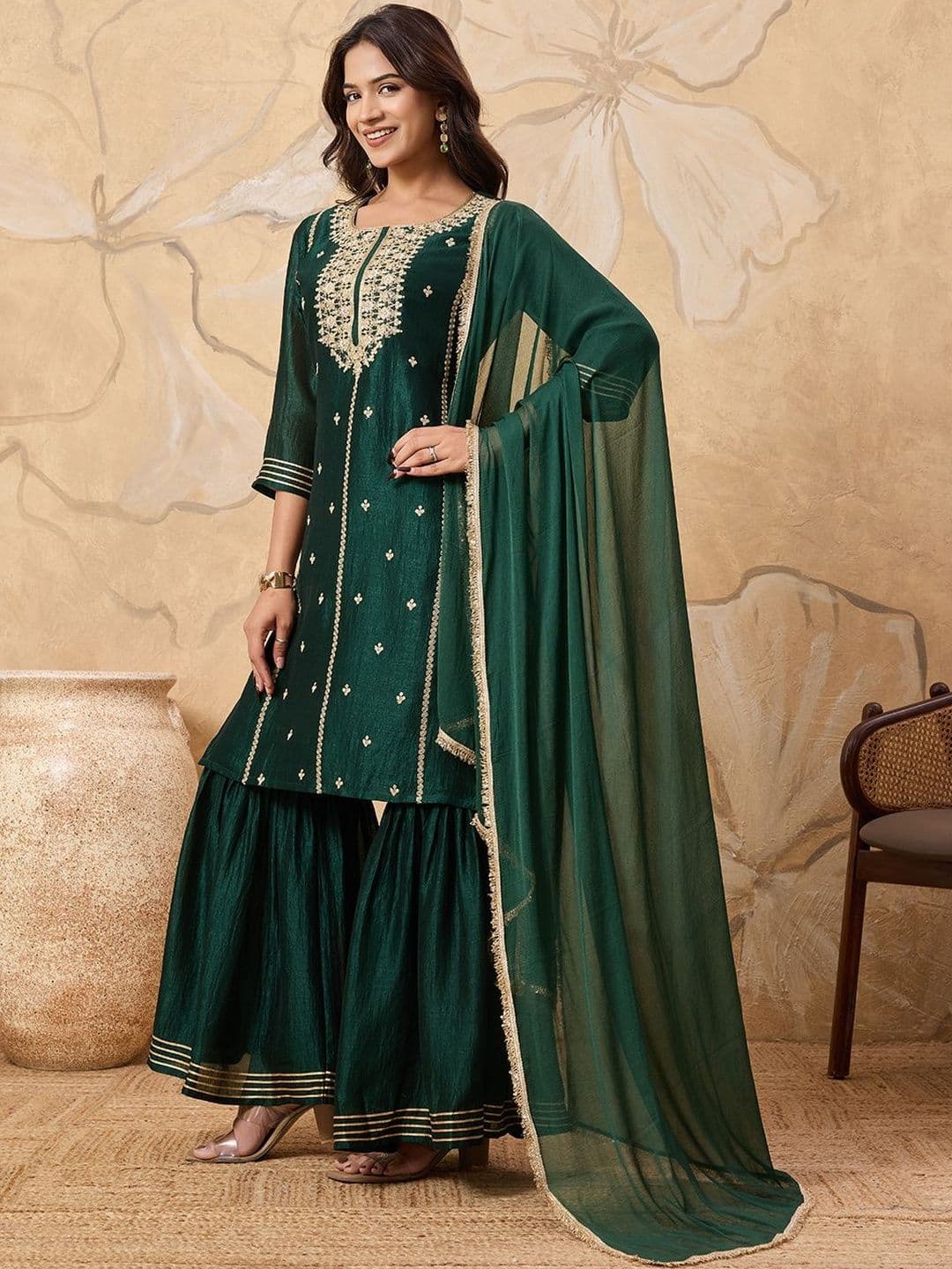 House of Pataudi Embroidered Kurta & Sharara with Dupatta - view 1
