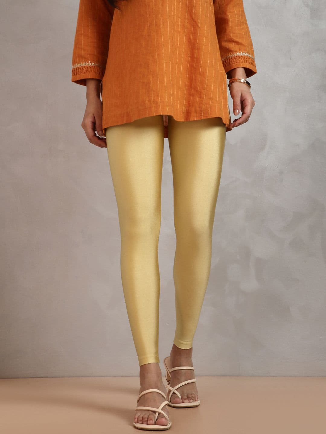 TWIN BIRDS Women Gold-Coloured Solid Ankle-Length Shimmer Leggings - view 1