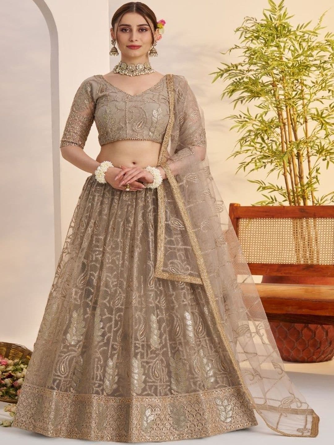 EthniQlo Grey Embroidered Net Lehenga Choli With Dupatta - view 1