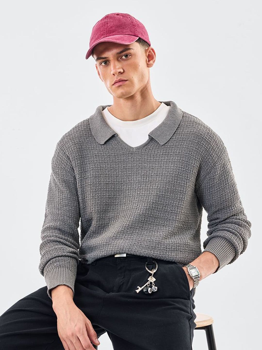 Snitch Self Design Polo Collar Drop-Shoulder Sleeves Pullover Sweater