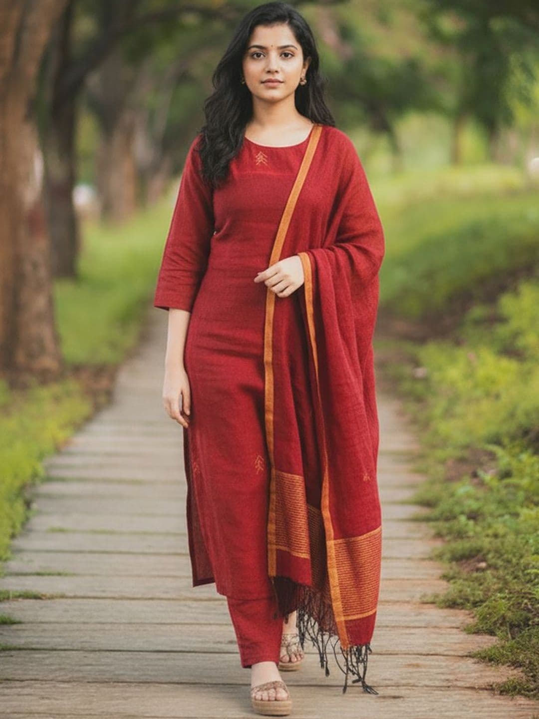 Anouk Rustic Ethnic Motifs Round Neck Thread Work Straight Kurta With Trousers & Dupatta - view 1