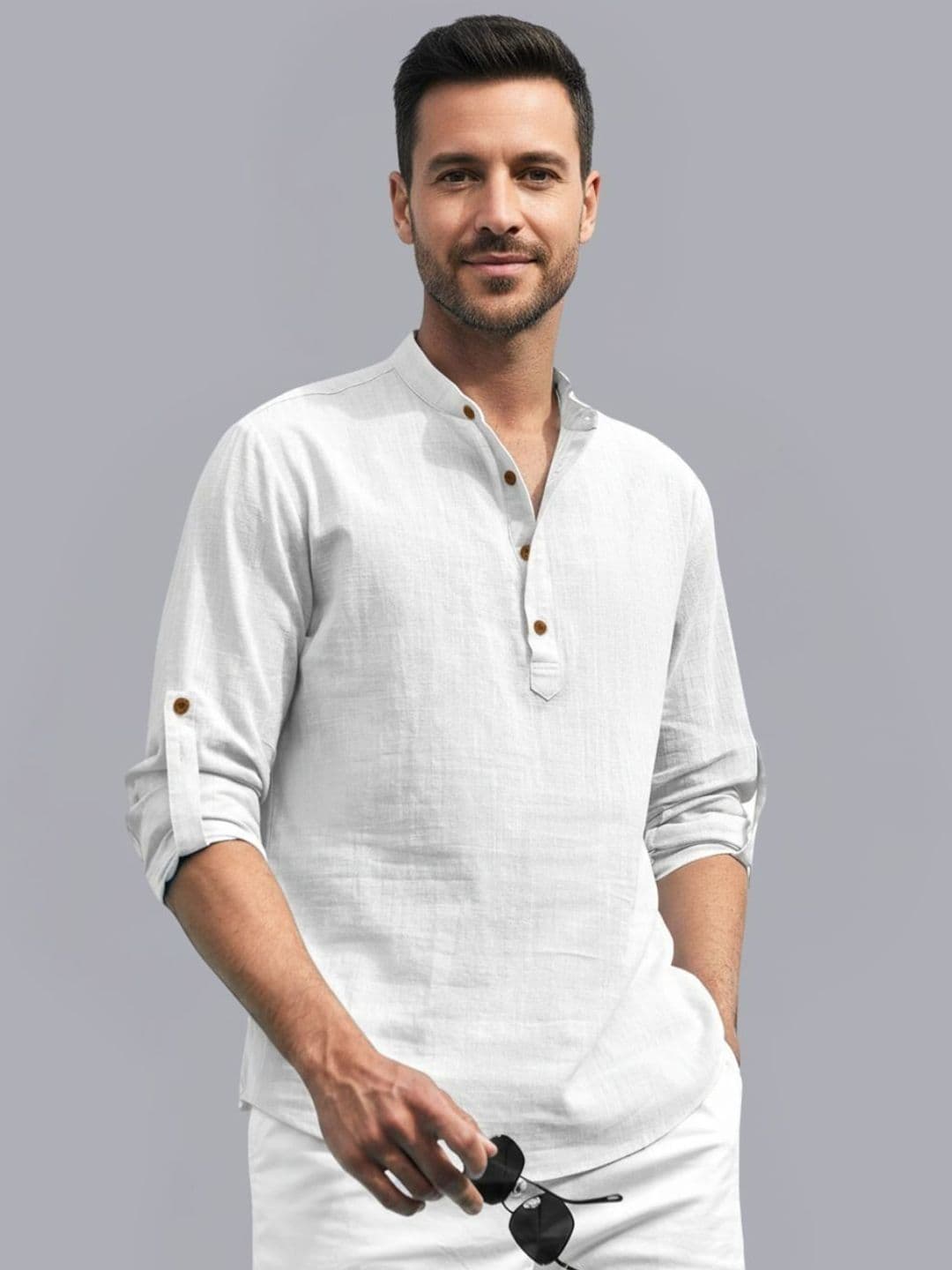 Zee Gold Men Mandarin Collar Roll-Up Sleeves Cotton Straight Kurta - view 1