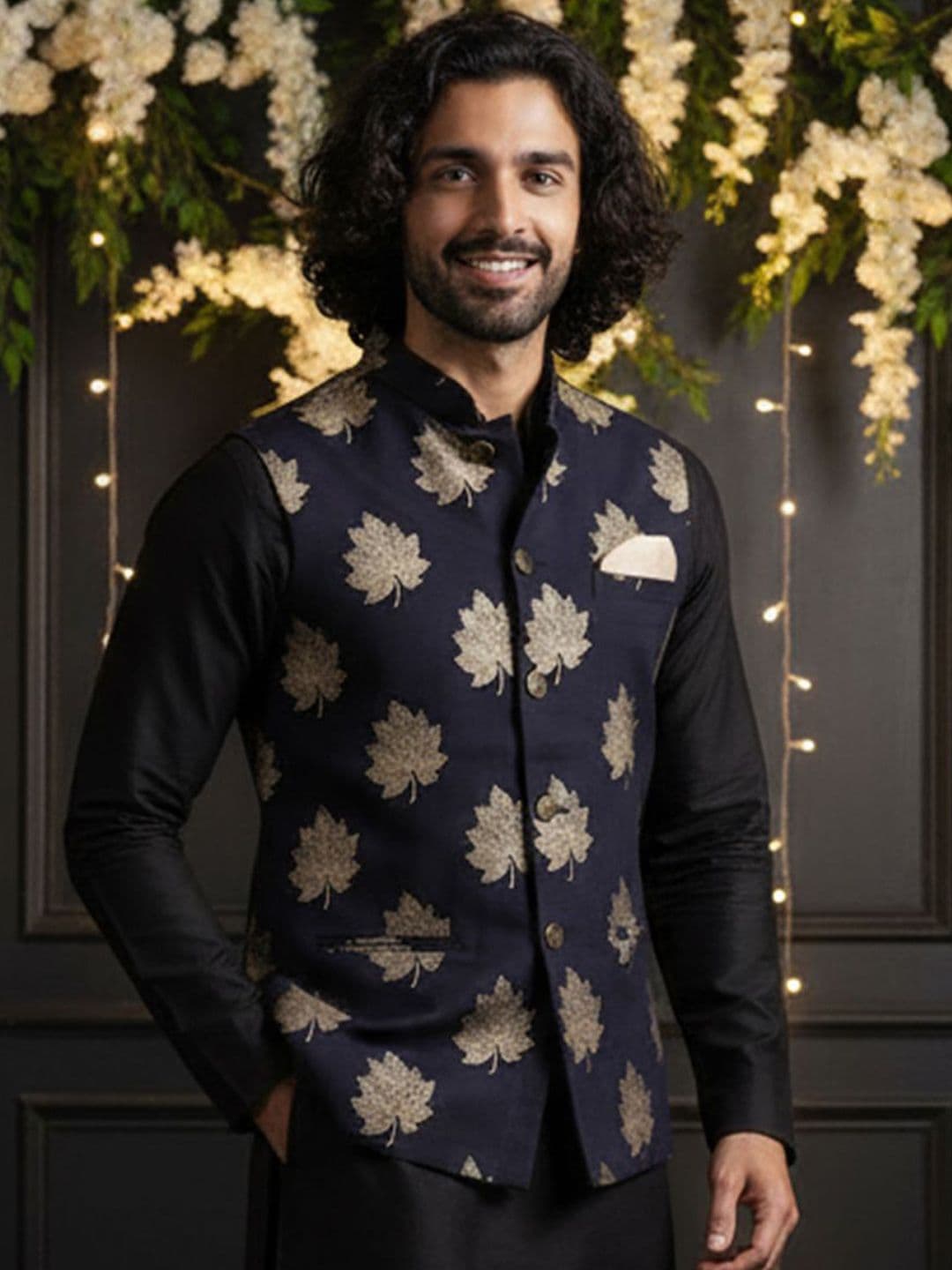 KISAH Men Nehru Jacket Printed Bundi Black Festive Modi Jacket Golden Leaf Design - view 1