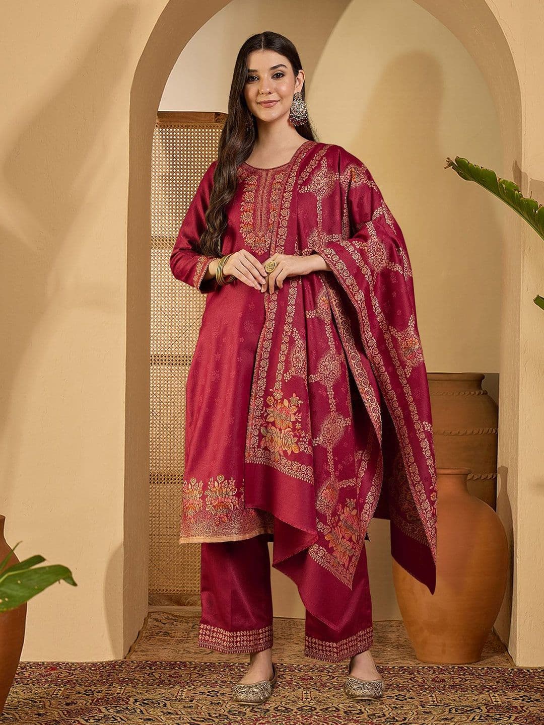 Sangria Ethnic Motifs Woven Design Winter Pashmina Unstitched Dress Material - view 1