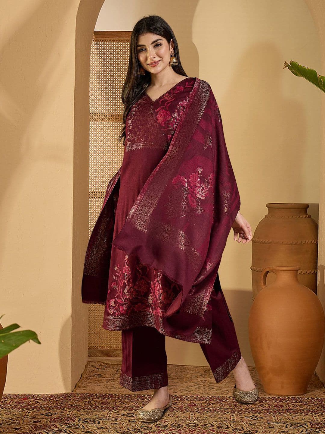 Sangria Ethnic Motifs Woven Design Winter Pashmina Unstitched Dress Material - view 1