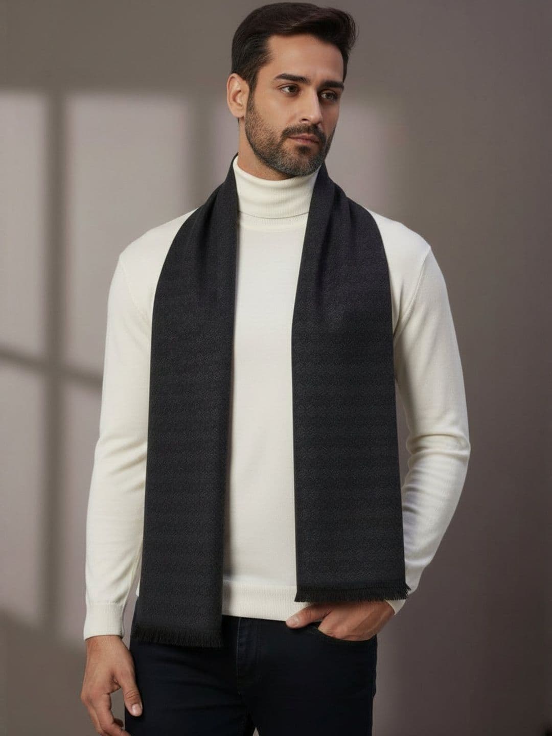 Zamour Men Self Design Woollen Mufflers With Fringed Border - view 1